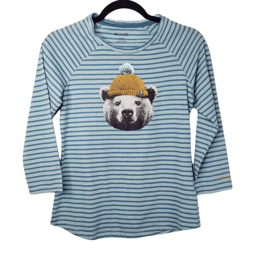 Columbia Women's Bear Graphic Long Sleeve Tee XS Blue Stripe Logo T-Shirt